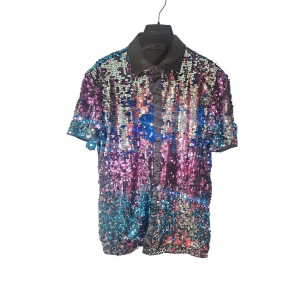 Men's Multicolor Sequined Short-Sleeve Button-Down Shirt.  S